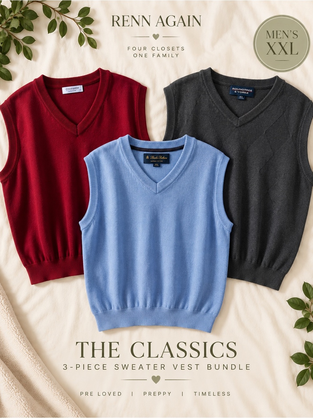 Men’s XXL Sweater Vest 3 Piece Bundle Brooks Brothers Roundtree COOFANDY